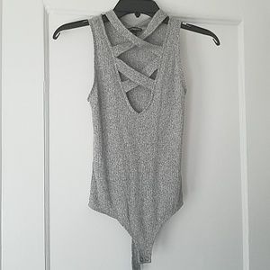 Express Gray Criss Cross Neck Bodysuit